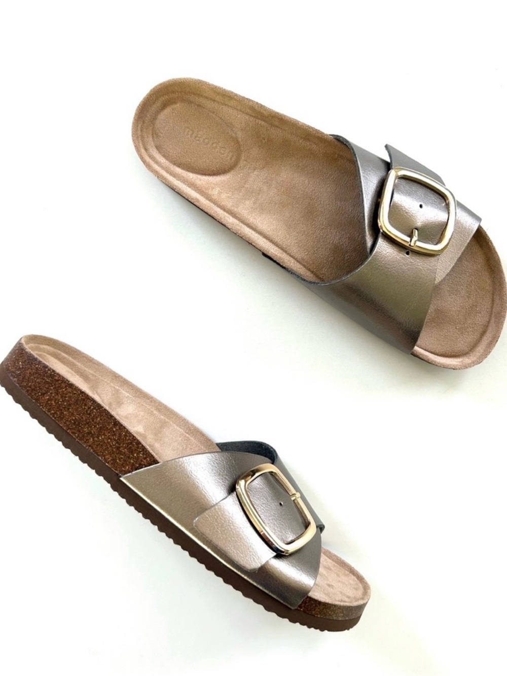 Madden Girl Metallic Pewter Slide Sandals with Gold Buckles NWOT